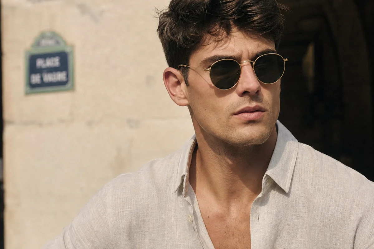 Lunettes de soleil pour visage carré homme Homme au visage carré et à la mâchoire marquée portant des lunettes de soleil rondes