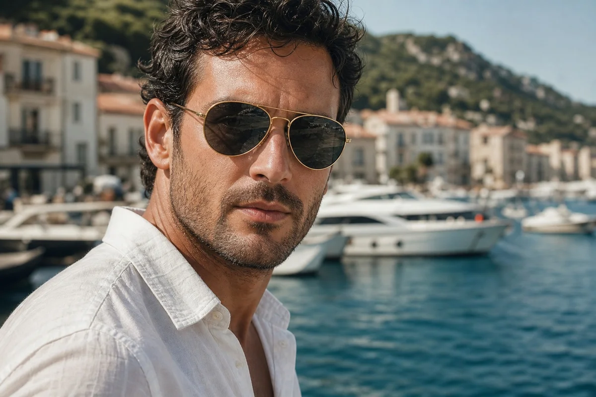 Lunettes de soleil pour visage ovale homme Homme au visage ovale essayant une paire de lunettes de soleil aviateur dorées