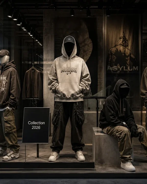 Vitrine de vêtements streetwear avec hoodies et sneakers de marques tendance en 2026
