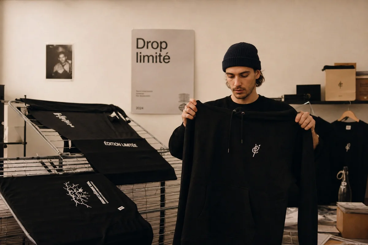 Marques streetwear françaises indépendantes en 2026 Jeune créateur français présentant un hoodie de sa marque streetwear indépendante
