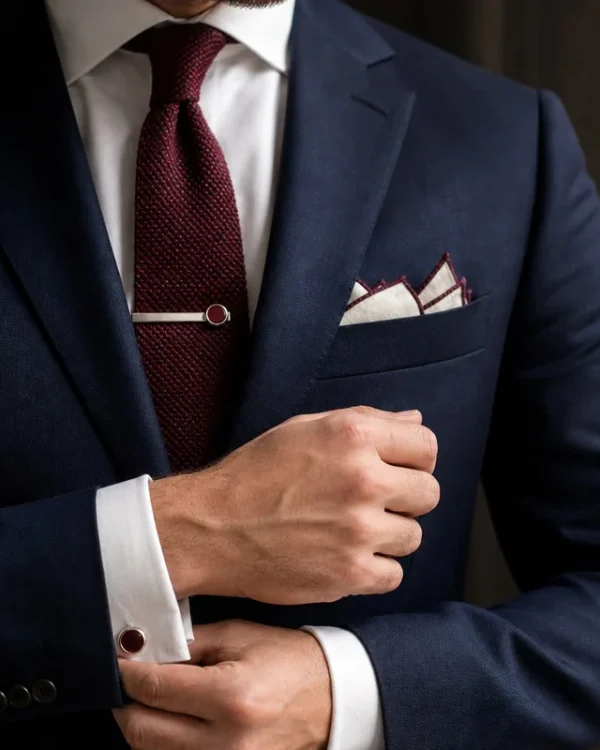 Costume homme avec pochette de costume, boutons de manchette et pince à cravate coordonnés