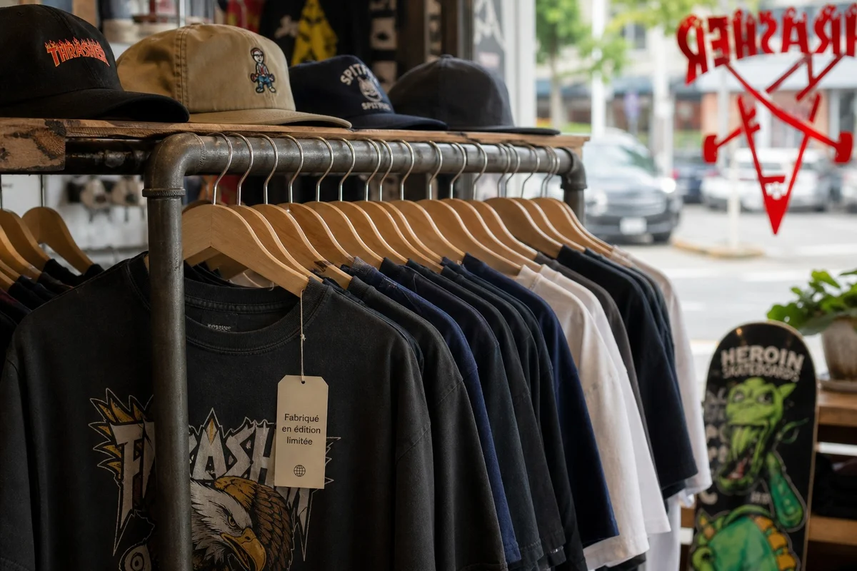 Marques streetwear historiques Supreme et Stussy T-shirts et casquettes de marques streetwear historiques exposés sur un portant