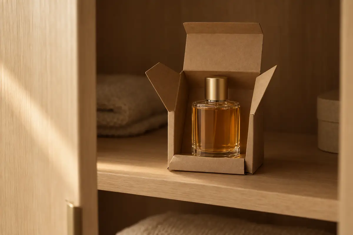 Flacon de parfum rangé dans sa boîte à l'abri de la lumière pour préserver un grand format de parfum